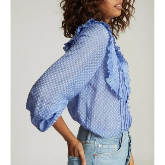 Reiss Taylor Ruffle Detailed Blouse Blue Size US 4 - Picture 3 of 7